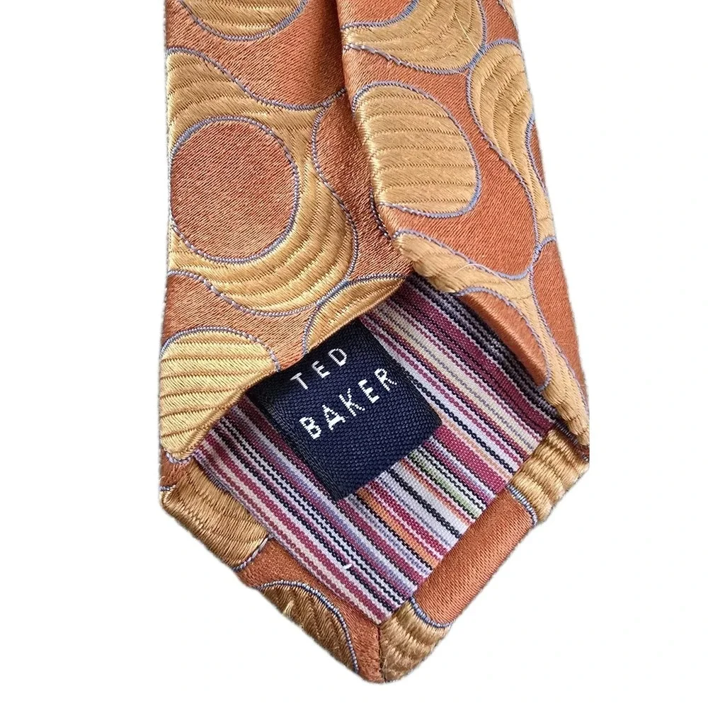 Ted Baker Geometric 100%‎ Silk Men's Neck Tie Hand Tailor  Orange Gold Striped